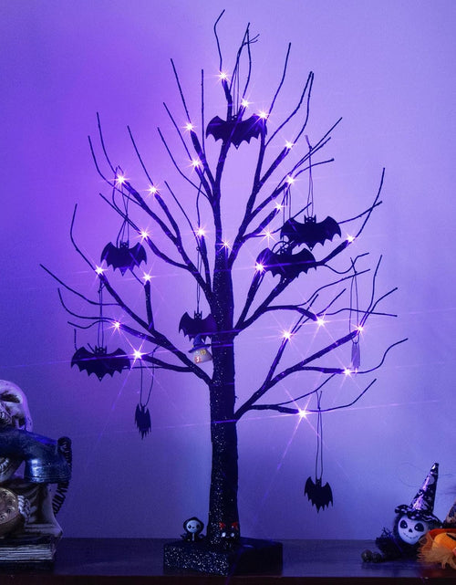 Load image into Gallery viewer, Halloween Decorations, 2FT Black Halloween Tree with 24 Purple Lights and 8 Bat Ornaments, Light up Halloween Decorations with Timer for Indoor Home Desk Table Decor Battery Powered
