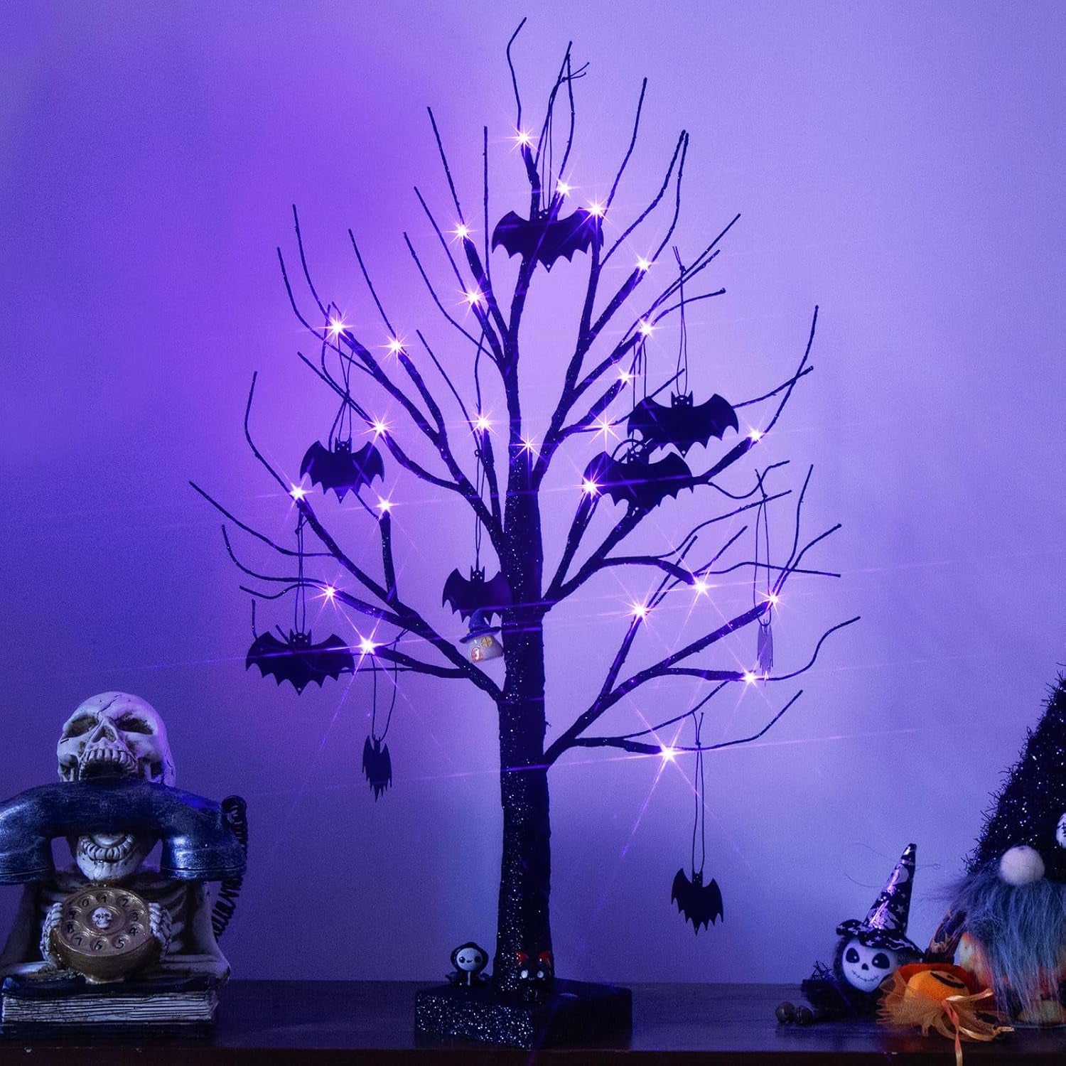 Halloween Decorations, 2FT Black Halloween Tree with 24 Purple Lights and 8 Bat Ornaments, Light up Halloween Decorations with Timer for Indoor Home Desk Table Decor Battery Powered