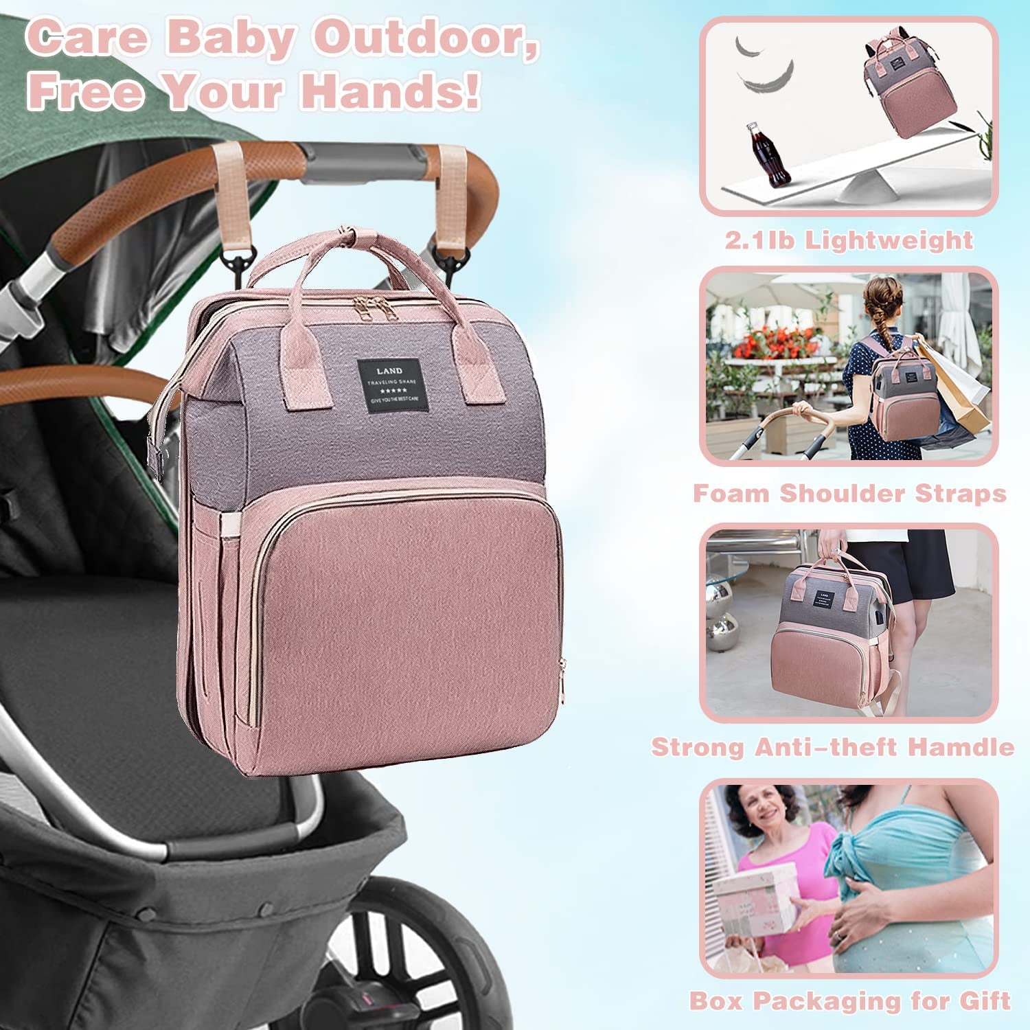 Diaper Bag Backpack with Changing Station,7 in 1 Travel Foldable Baby Diaper Bag,Mommy Bag Diaper Bag Changing Station Multi-Function Waterproof with Mattress and USB Charging Port (Pink-Grey)