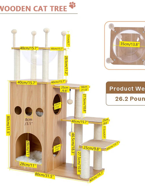 Load image into Gallery viewer, Tavion 51.2&quot; Wooden Modern Large Cat Tree Tower with 2-Floor Condo, Capsule Nest and Dangling Balls for Large Cats
