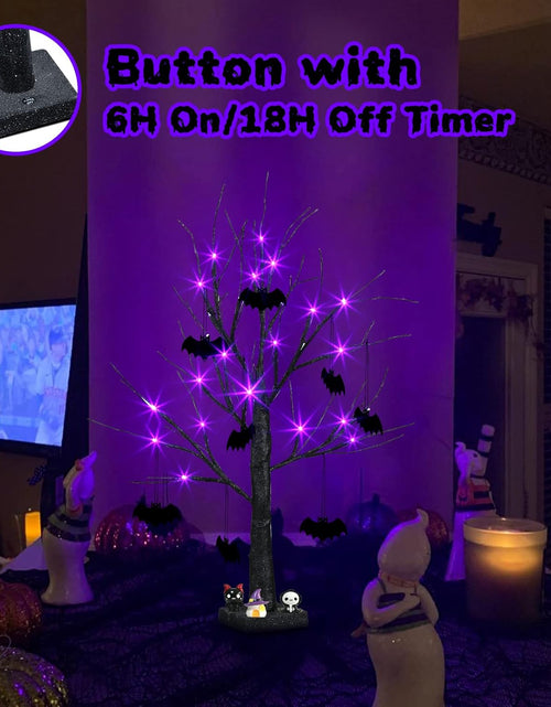 Load image into Gallery viewer, Halloween Decorations, 2FT Black Halloween Tree with 24 Purple Lights and 8 Bat Ornaments, Light up Halloween Decorations with Timer for Indoor Home Desk Table Decor Battery Powered
