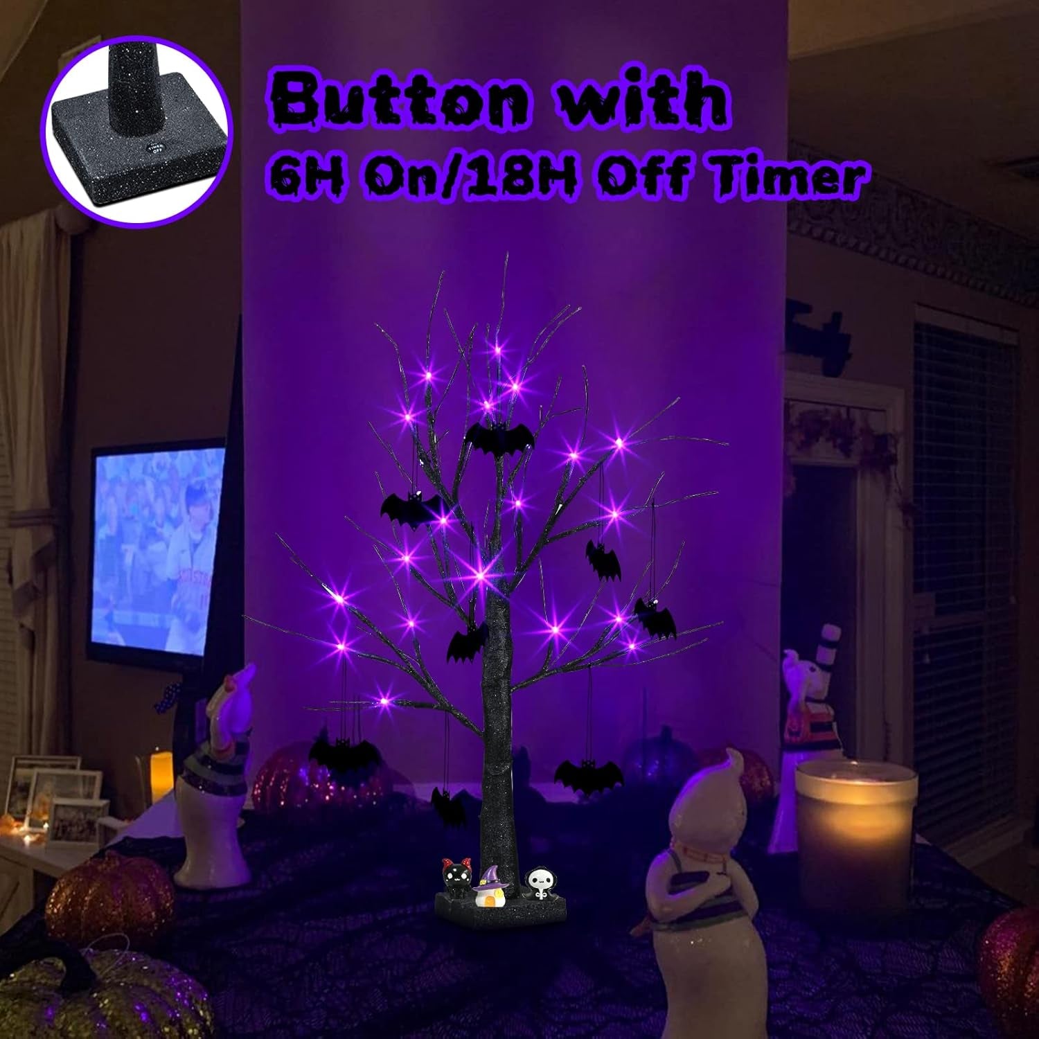 Halloween Decorations, 2FT Black Halloween Tree with 24 Purple Lights and 8 Bat Ornaments, Light up Halloween Decorations with Timer for Indoor Home Desk Table Decor Battery Powered