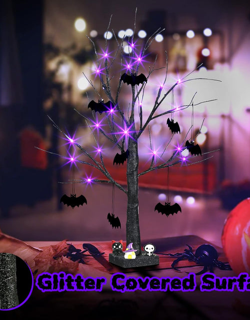 Load image into Gallery viewer, Halloween Decorations, 2FT Black Halloween Tree with 24 Purple Lights and 8 Bat Ornaments, Light up Halloween Decorations with Timer for Indoor Home Desk Table Decor Battery Powered
