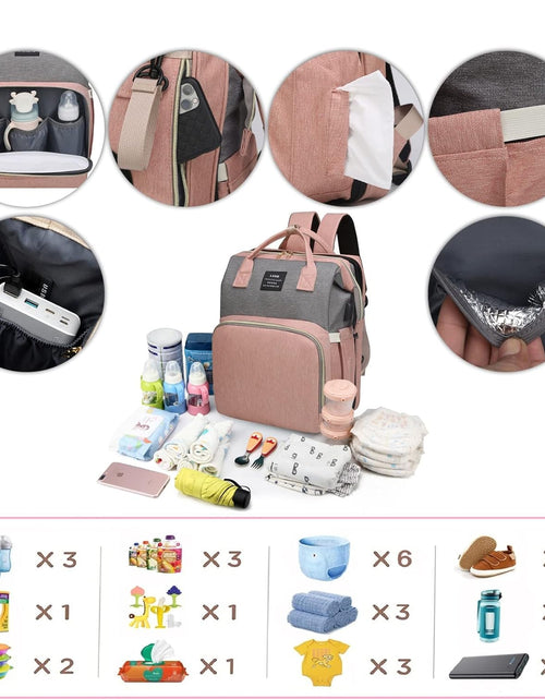 Load image into Gallery viewer, Diaper Bag Backpack with Changing Station,7 in 1 Travel Foldable Baby Diaper Bag,Mommy Bag Diaper Bag Changing Station Multi-Function Waterproof with Mattress and USB Charging Port (Pink-Grey)
