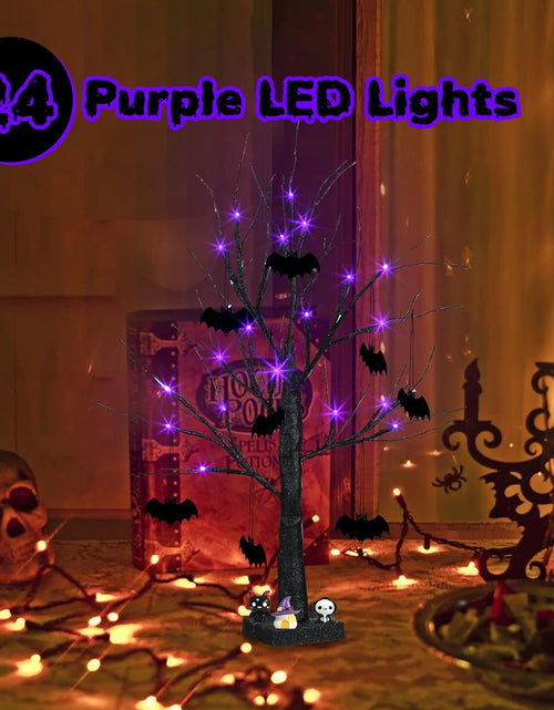 Load image into Gallery viewer, Halloween Decorations, 2FT Black Halloween Tree with 24 Purple Lights and 8 Bat Ornaments, Light up Halloween Decorations with Timer for Indoor Home Desk Table Decor Battery Powered
