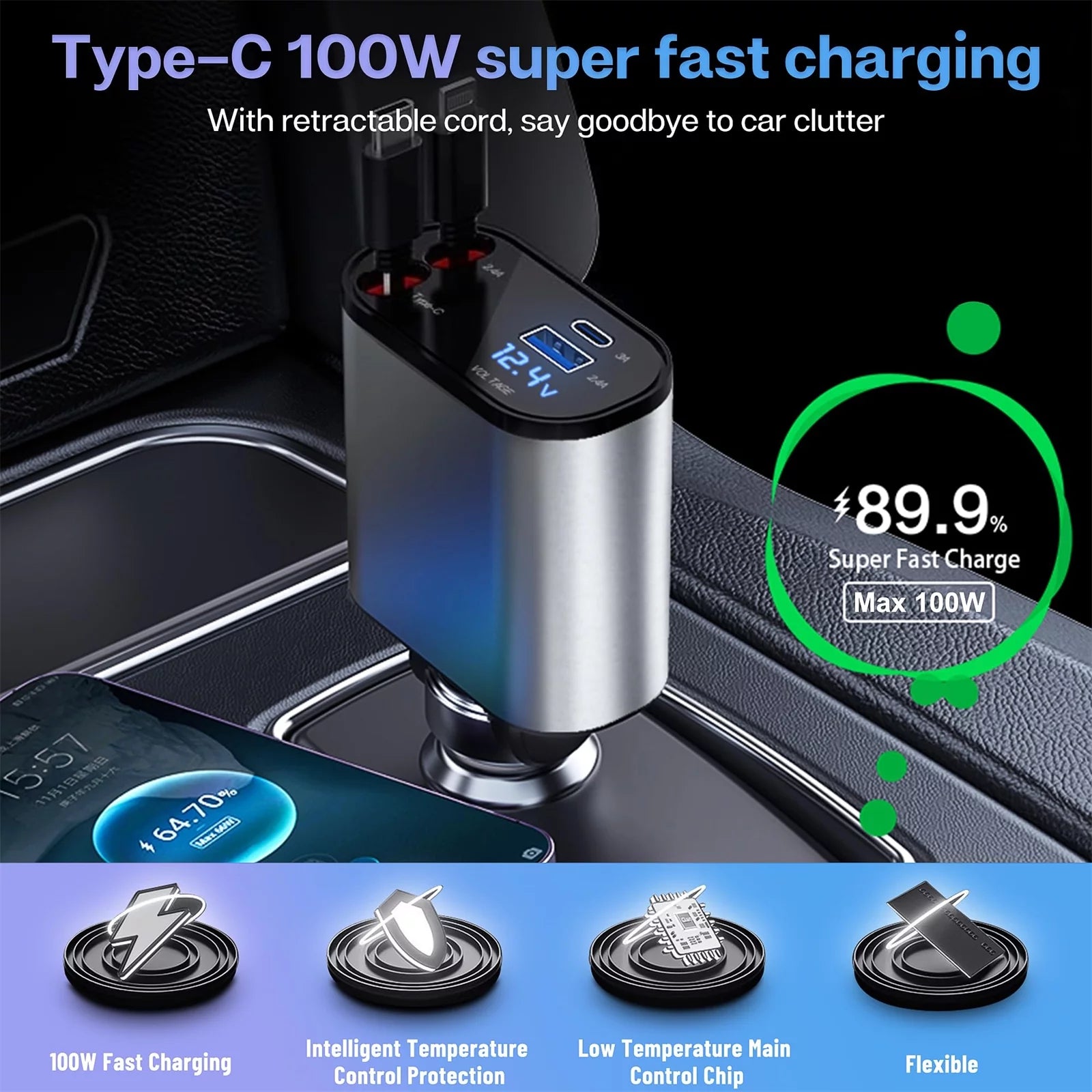 Fast QC Quick Charge 3 USB Port Car Charger Vehicle Socket Adapter with LED Light Adapter for Iphone Android Phone