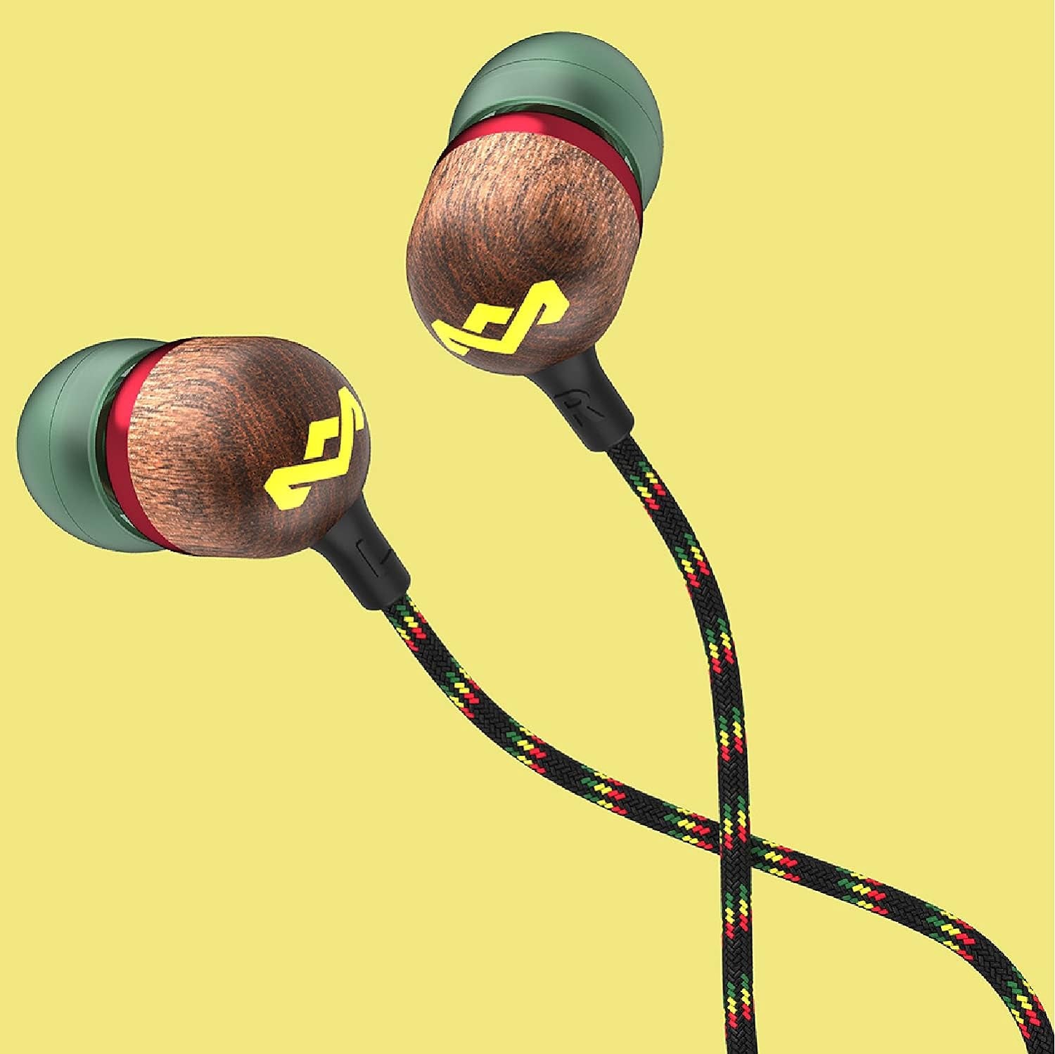 Smile Jamaica: Wired Earphones with Microphone, Noise Isolating Design, and Sustainable Materials (Rasta)