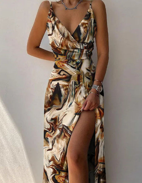 Load image into Gallery viewer, V-Neck Slip Dress Low Cut Printed Slit Dress
