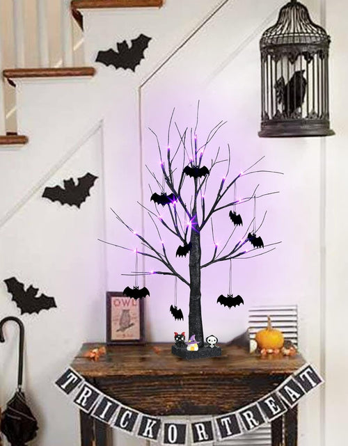 Load image into Gallery viewer, Halloween Decorations, 2FT Black Halloween Tree with 24 Purple Lights and 8 Bat Ornaments, Light up Halloween Decorations with Timer for Indoor Home Desk Table Decor Battery Powered
