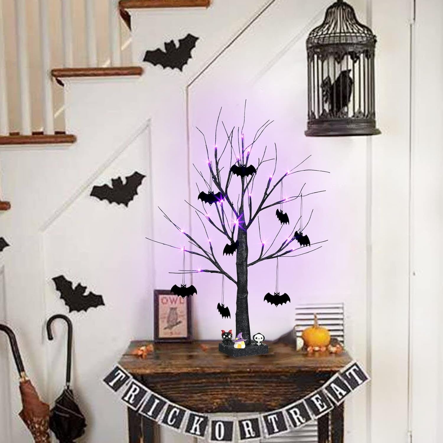 Halloween Decorations, 2FT Black Halloween Tree with 24 Purple Lights and 8 Bat Ornaments, Light up Halloween Decorations with Timer for Indoor Home Desk Table Decor Battery Powered