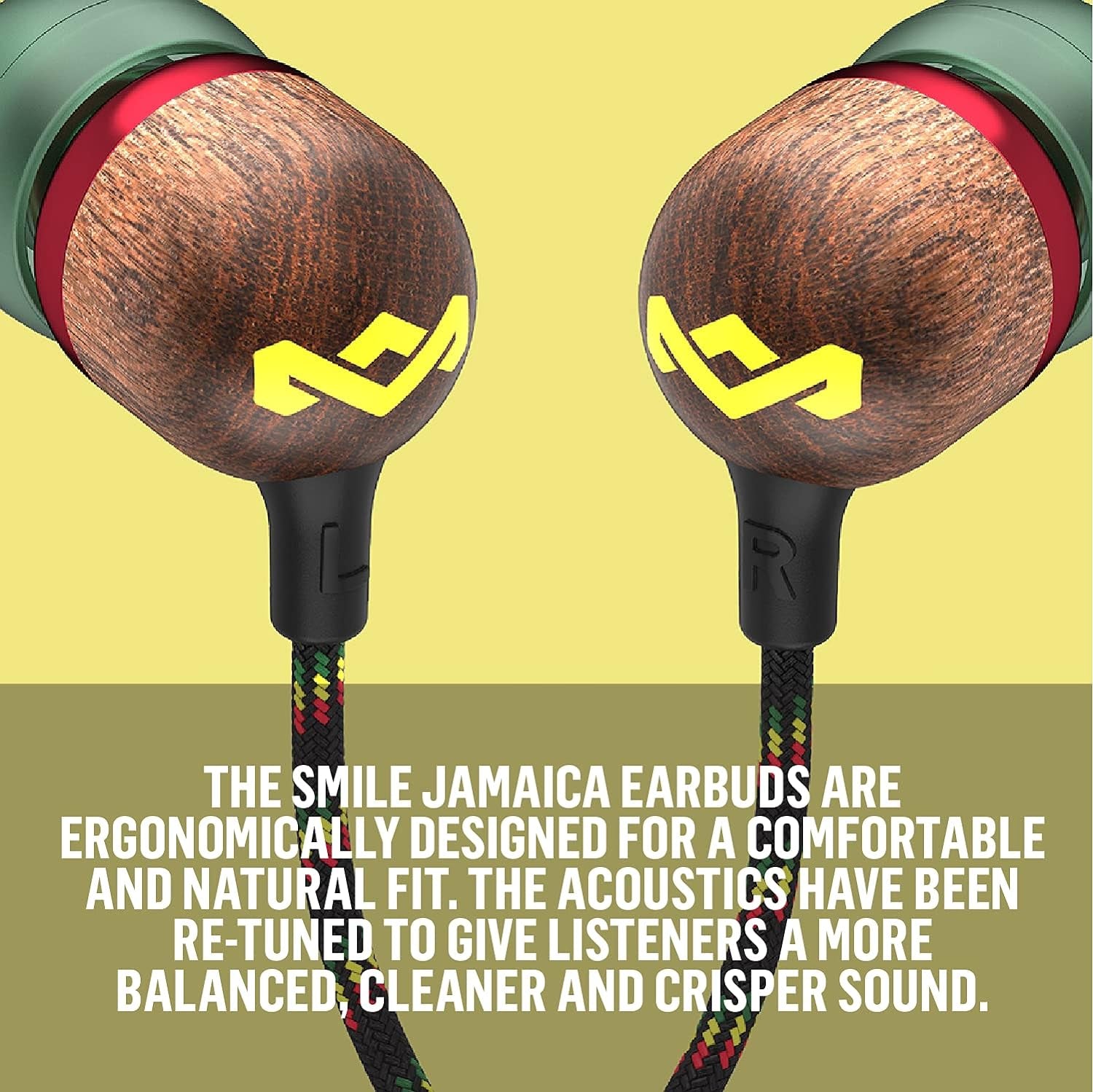 Smile Jamaica: Wired Earphones with Microphone, Noise Isolating Design, and Sustainable Materials (Rasta)