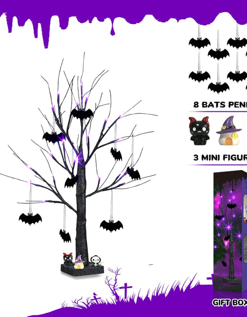 Load image into Gallery viewer, Halloween Decorations, 2FT Black Halloween Tree with 24 Purple Lights and 8 Bat Ornaments, Light up Halloween Decorations with Timer for Indoor Home Desk Table Decor Battery Powered
