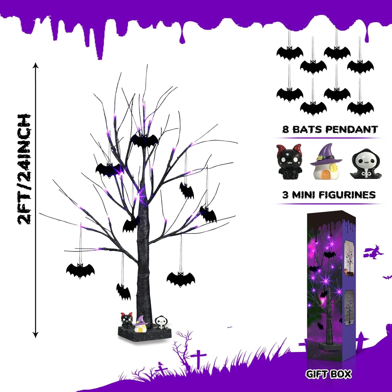 Halloween Decorations, 2FT Black Halloween Tree with 24 Purple Lights and 8 Bat Ornaments, Light up Halloween Decorations with Timer for Indoor Home Desk Table Decor Battery Powered