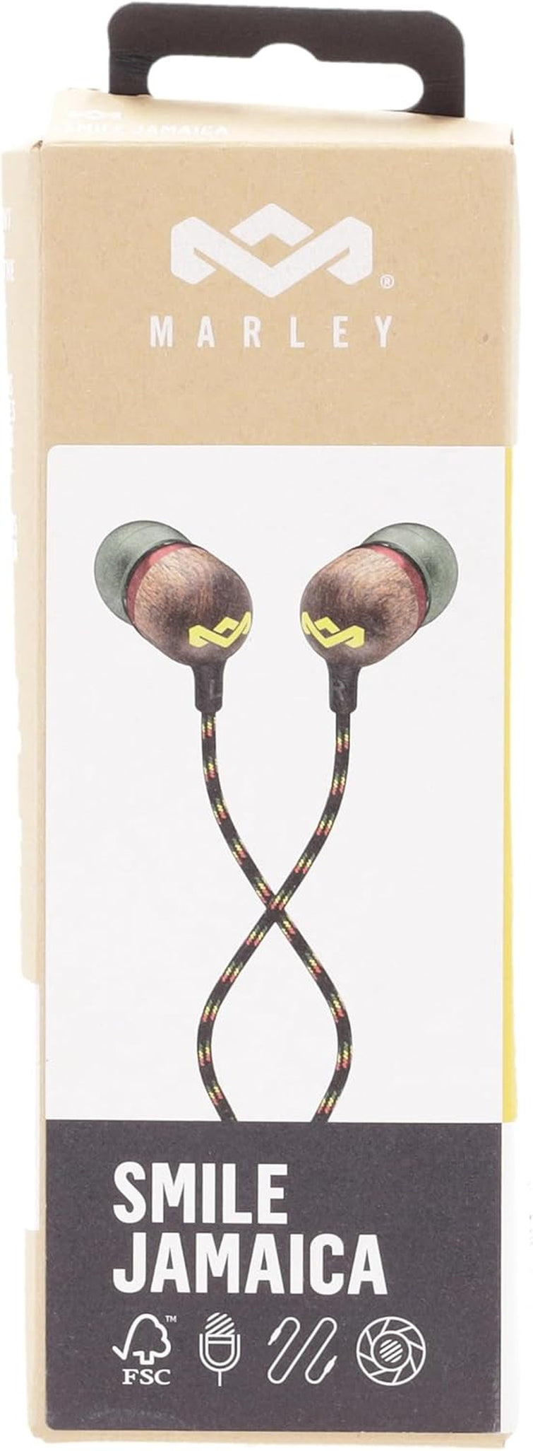 Smile Jamaica: Wired Earphones with Microphone, Noise Isolating Design, and Sustainable Materials (Rasta)