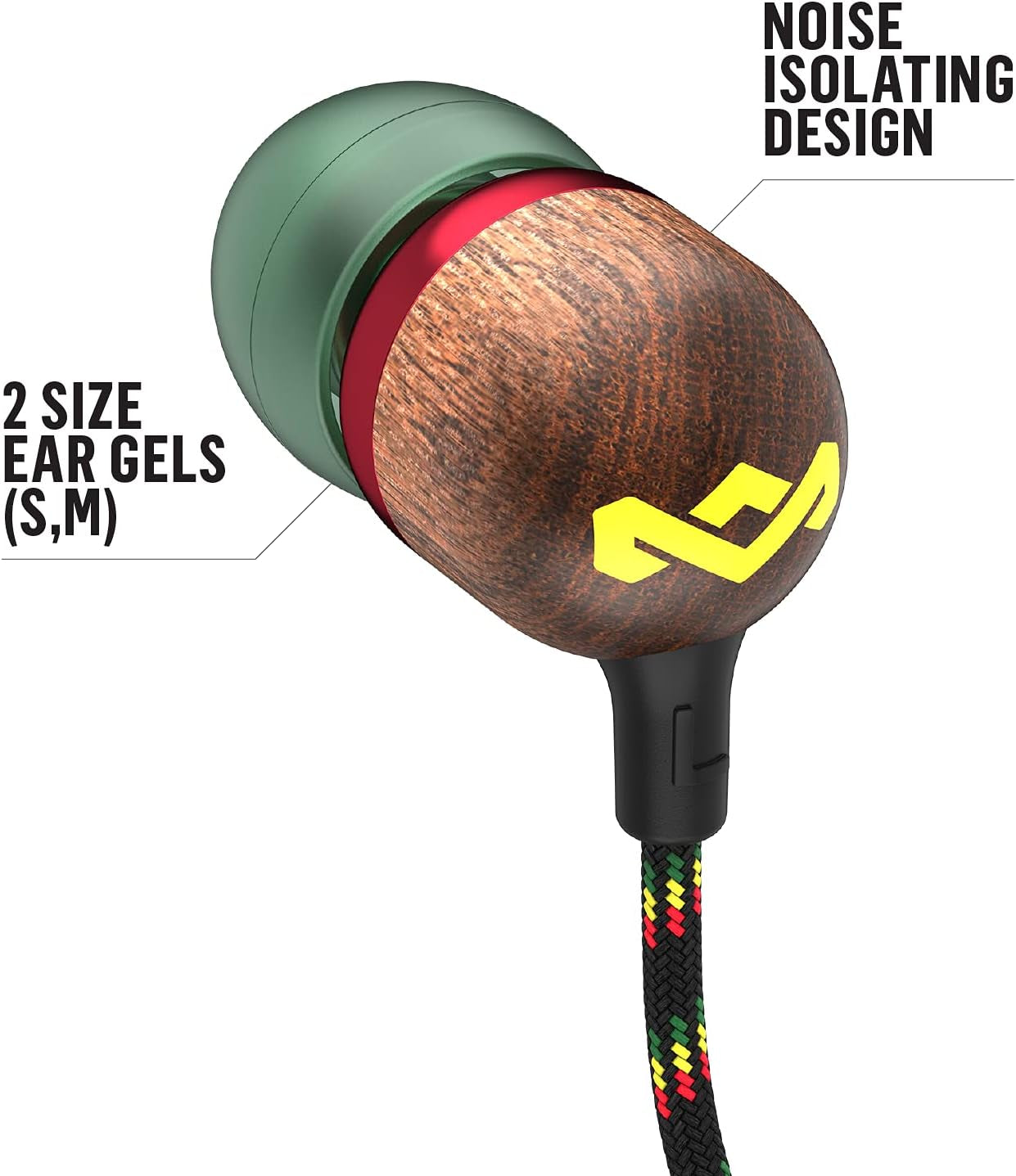 Smile Jamaica: Wired Earphones with Microphone, Noise Isolating Design, and Sustainable Materials (Rasta)