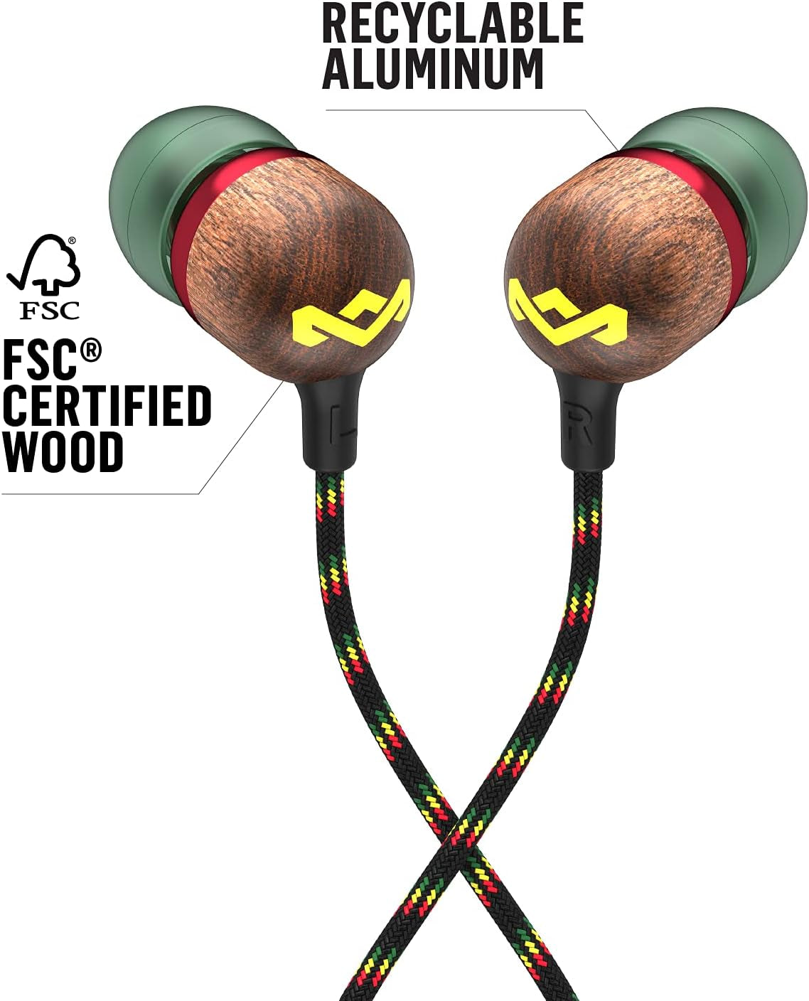 Smile Jamaica: Wired Earphones with Microphone, Noise Isolating Design, and Sustainable Materials (Rasta)