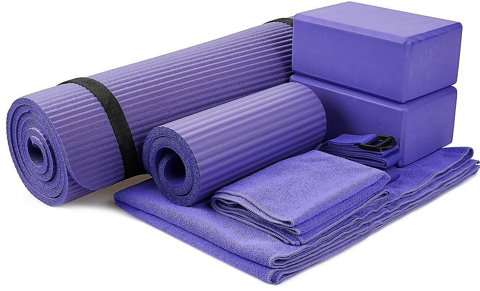 Fitness 7 Pc Yoga Set W/ Mat, Stretch Strap, & Knee Pad, Blue