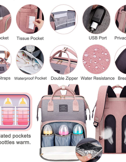 Load image into Gallery viewer, Diaper Bag Backpack with Changing Station,7 in 1 Travel Foldable Baby Diaper Bag,Mommy Bag Diaper Bag Changing Station Multi-Function Waterproof with Mattress and USB Charging Port (Pink-Grey)
