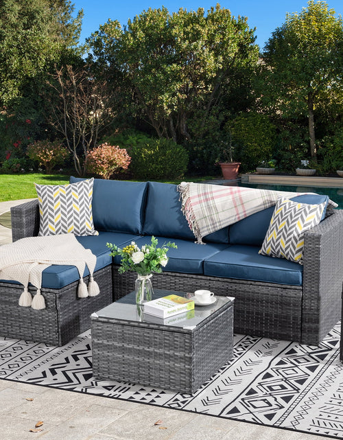 Load image into Gallery viewer, 3 Piece Aegean Blue Outdoor Furniture Sectional Sofa Patio Set Silver Gray Rattan Wicker
