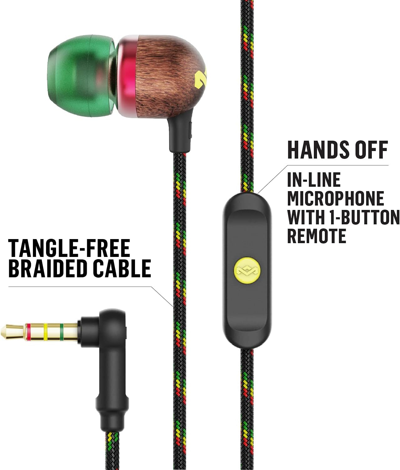 Smile Jamaica: Wired Earphones with Microphone, Noise Isolating Design, and Sustainable Materials (Rasta)