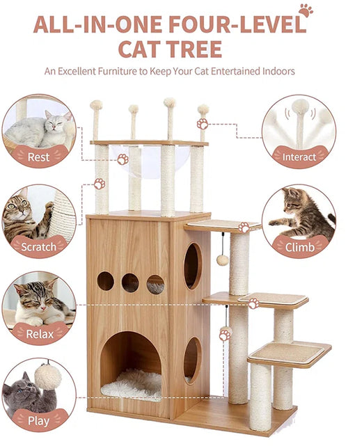 Load image into Gallery viewer, Tavion 51.2&quot; Wooden Modern Large Cat Tree Tower with 2-Floor Condo, Capsule Nest and Dangling Balls for Large Cats
