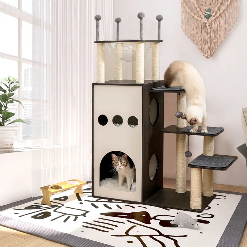 Tavion 51.2" Wooden Modern Large Cat Tree Tower with 2-Floor Condo, Capsule Nest and Dangling Balls for Large Cats