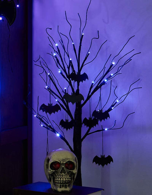 Load image into Gallery viewer, Halloween Decorations, 2FT Black Halloween Tree with 24 Purple Lights and 8 Bat Ornaments, Light up Halloween Decorations with Timer for Indoor Home Desk Table Decor Battery Powered
