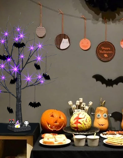 Load image into Gallery viewer, Halloween Decorations, 2FT Black Halloween Tree with 24 Purple Lights and 8 Bat Ornaments, Light up Halloween Decorations with Timer for Indoor Home Desk Table Decor Battery Powered
