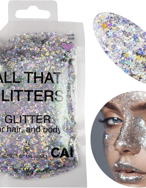 Load image into Gallery viewer, Silver Glitter | Easy to Apply, Easy to Remove Chunky Glitter for Body, Face and Hair | Bag Pouch | Holographic Cosmetic Grade Glamour
