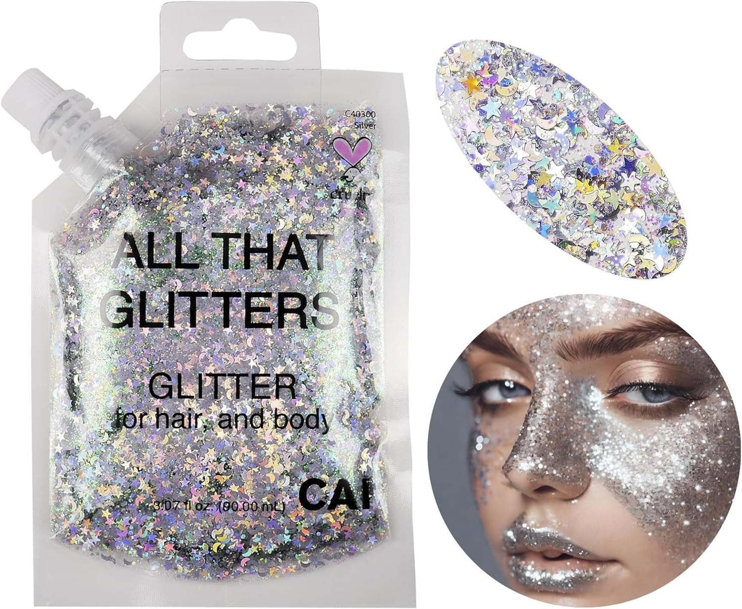 Silver Glitter | Easy to Apply, Easy to Remove Chunky Glitter for Body, Face and Hair | Bag Pouch | Holographic Cosmetic Grade Glamour